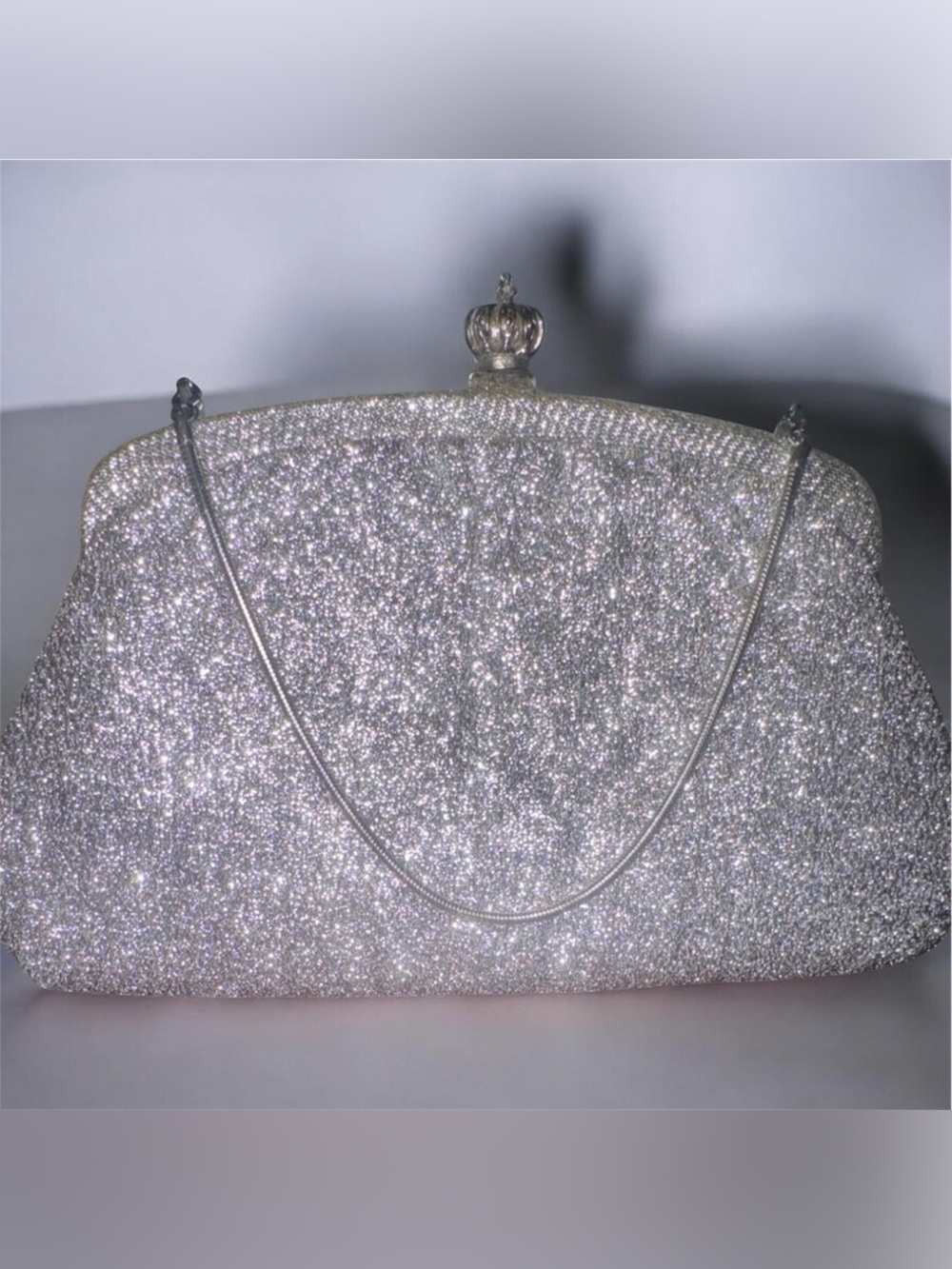 Vintage Silver Glitter Evening Clutch with Chain Strap